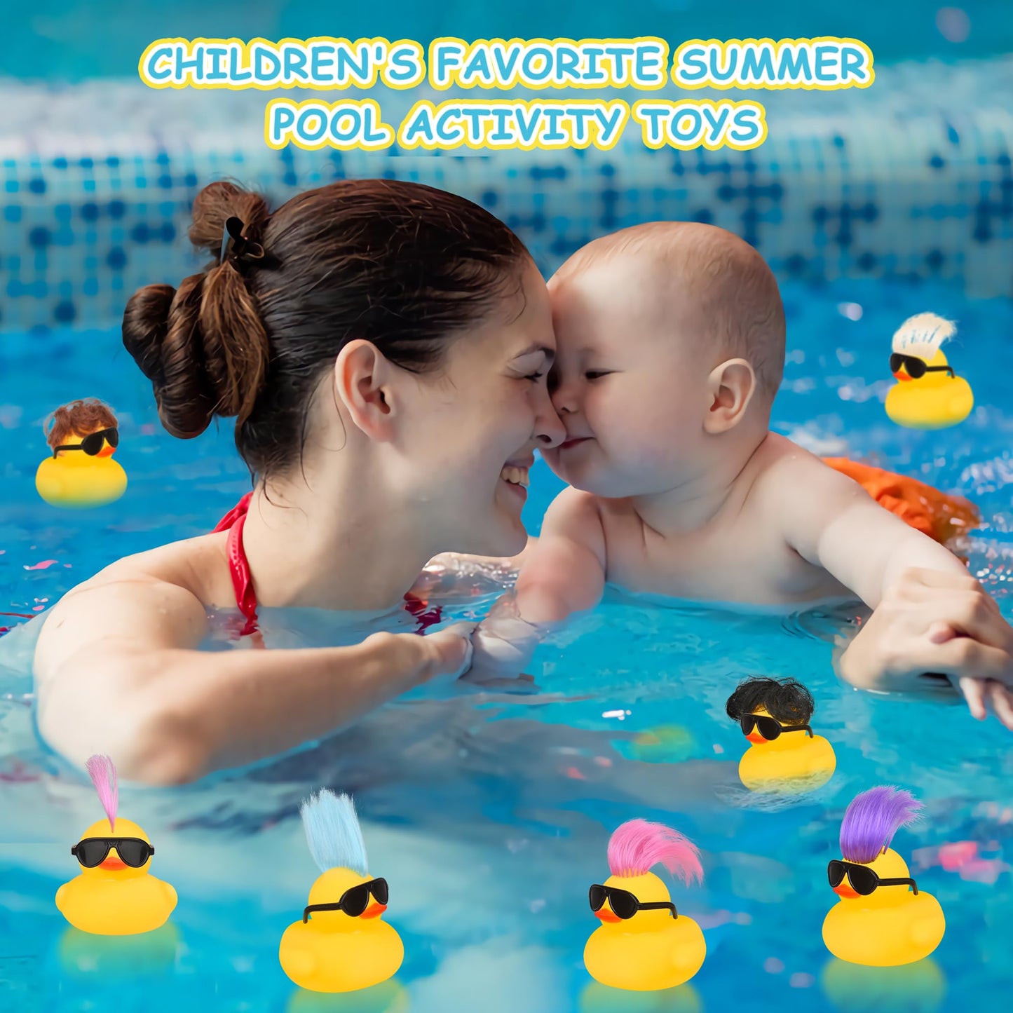 Rubber Ducks Bath Toys with Wig and Black Sunglasses, 12 PCS Cute and Funny Mini Rubber Ducks Bathtub Toys Shower Toys for Birth