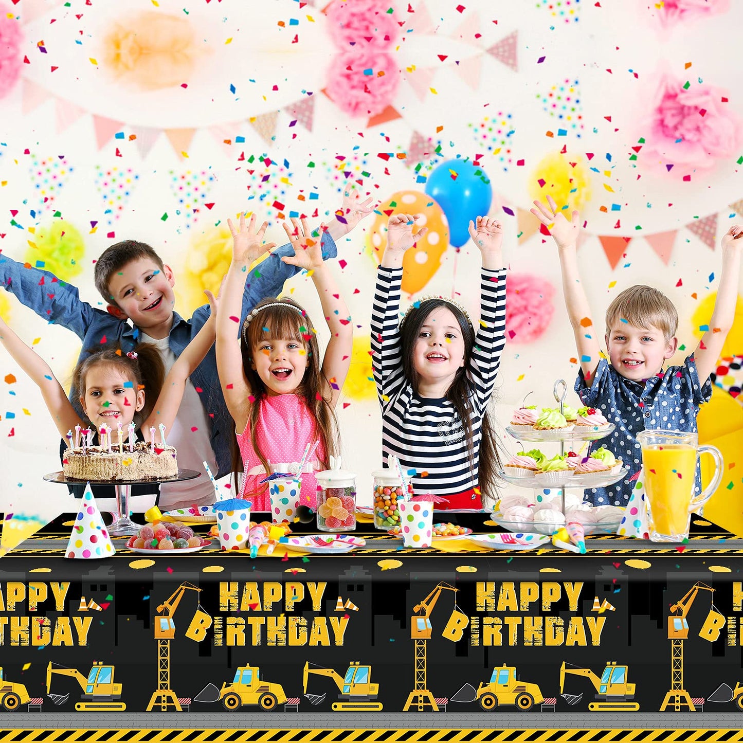 Tatuo Construction Happy Birthday Tablecloth Dump Truck Birthday Table Covers Tractor Plastic Printed Tablecloth Construction Themed Party Decoration Supplies For Kid Boy(3 Sheets,3 Pieces)