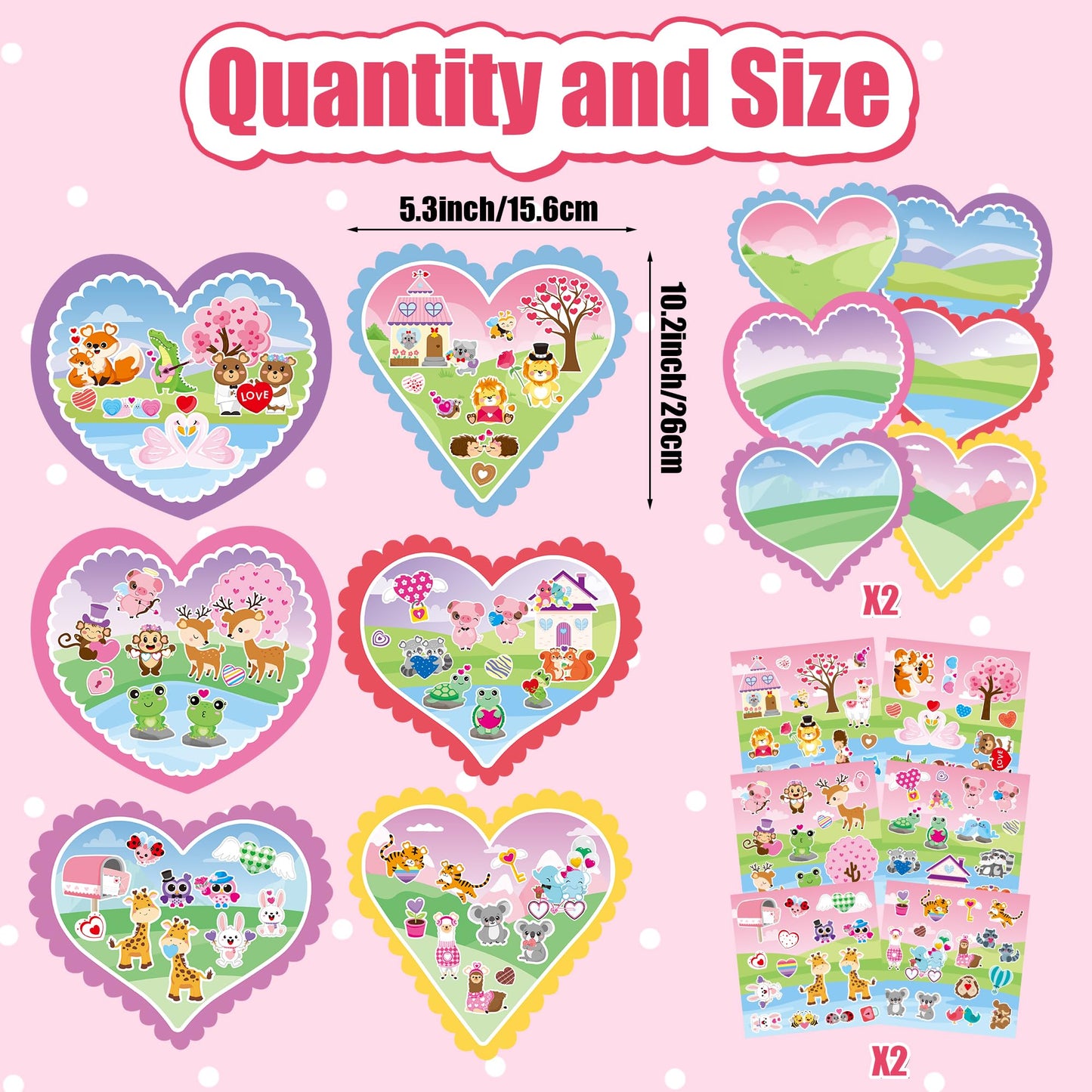 CY2SIDE Valentines Heart Stickers Scene - 12 Sets of Valentines Day Fun Animal Pig Frog Sticker Art Craft for Kids School Activi