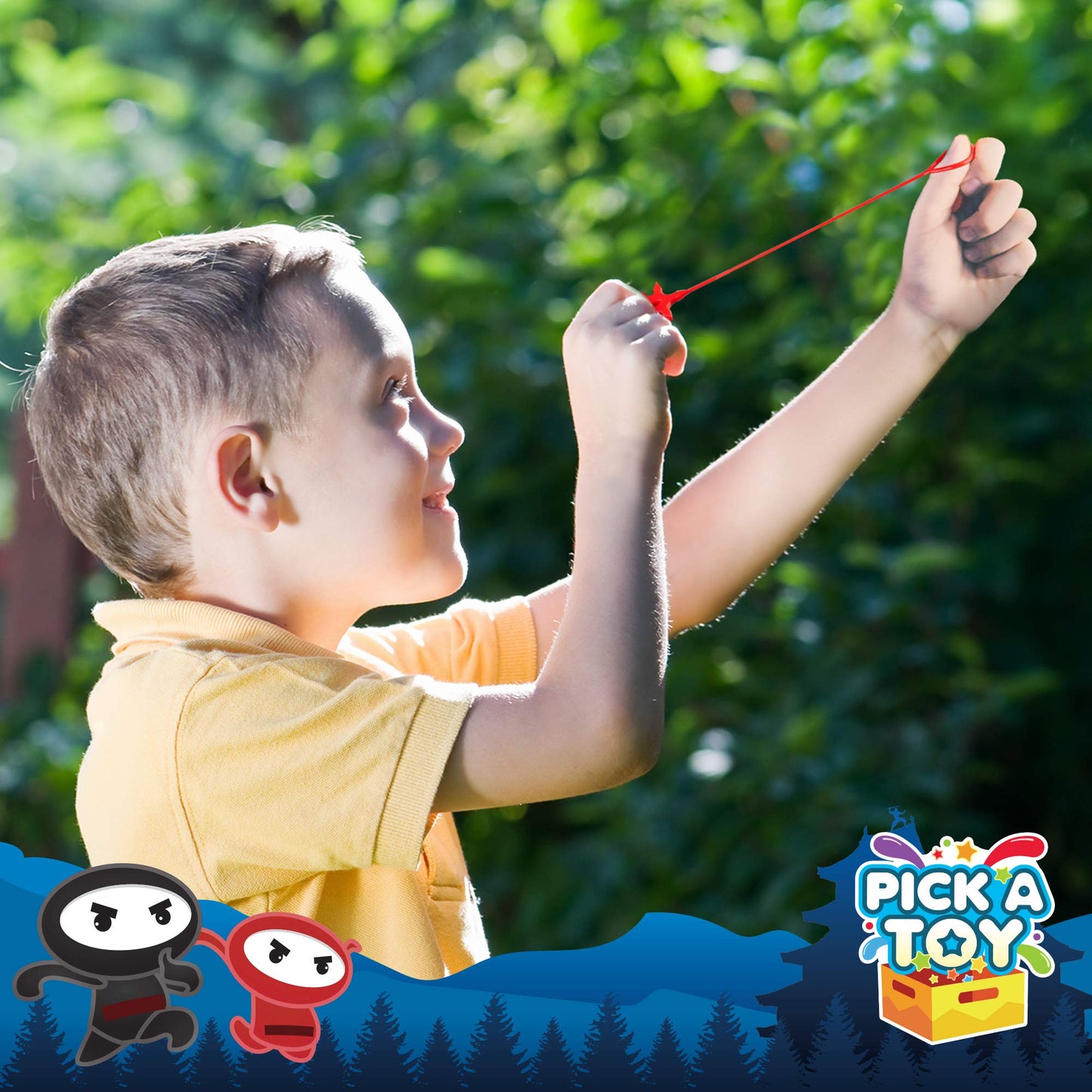 PICK A TOY 12 Pc. Ninja Toys Set with Stretchy Flying Ninjas and Colorful Throwing Stars Slingshots, Flexible and Sticky Elastic