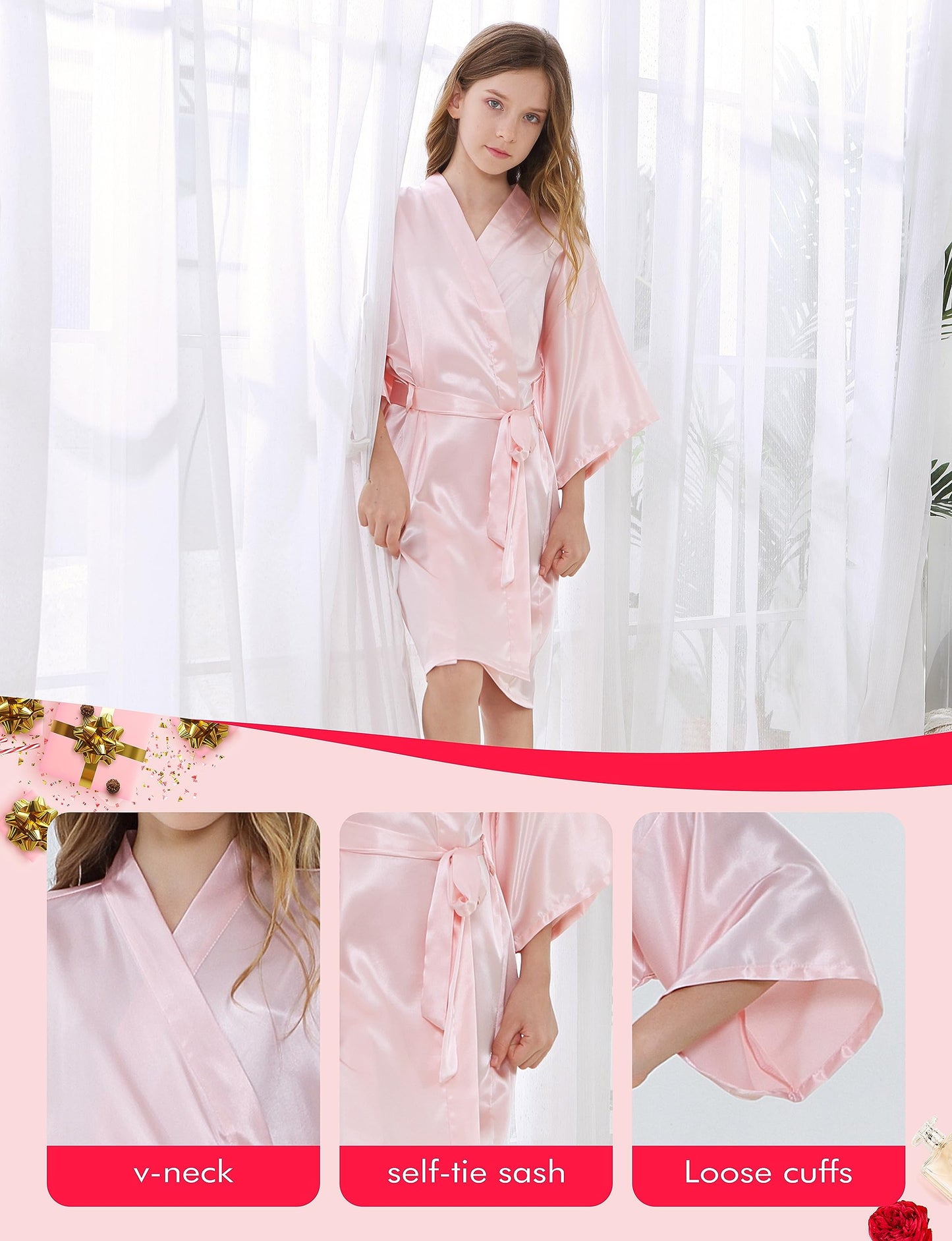 Ivrriss 10Pcs Kid Girls Spa Costume Party Robes Set Silky Plain Kimono Robes For Wedding Birthday(Light Pink,8)