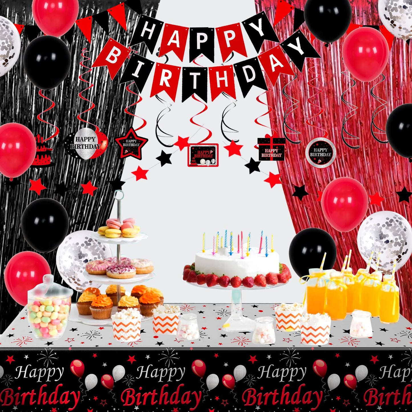 Red And Black Birthday Decorations For Men Women, 74Pcs Happy Birthday Party Decorations For Boys Girls With Happy Birthday Banner Tablecloth Foil Fringe Curtains Hanging Swirls Decor Black And Red Party Decorations Bday Party Supplies