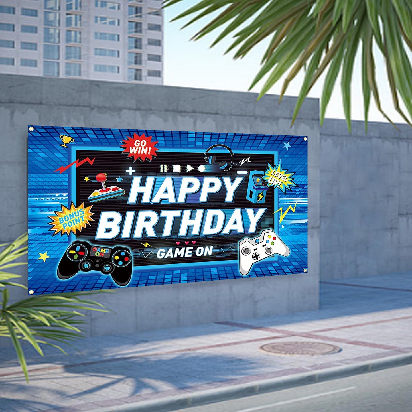 Game Happy Birthday Backdrop Decorations Blue Game Happy Birthday Banner Level Up Gaming Birthday Photo Background For Home Indo
