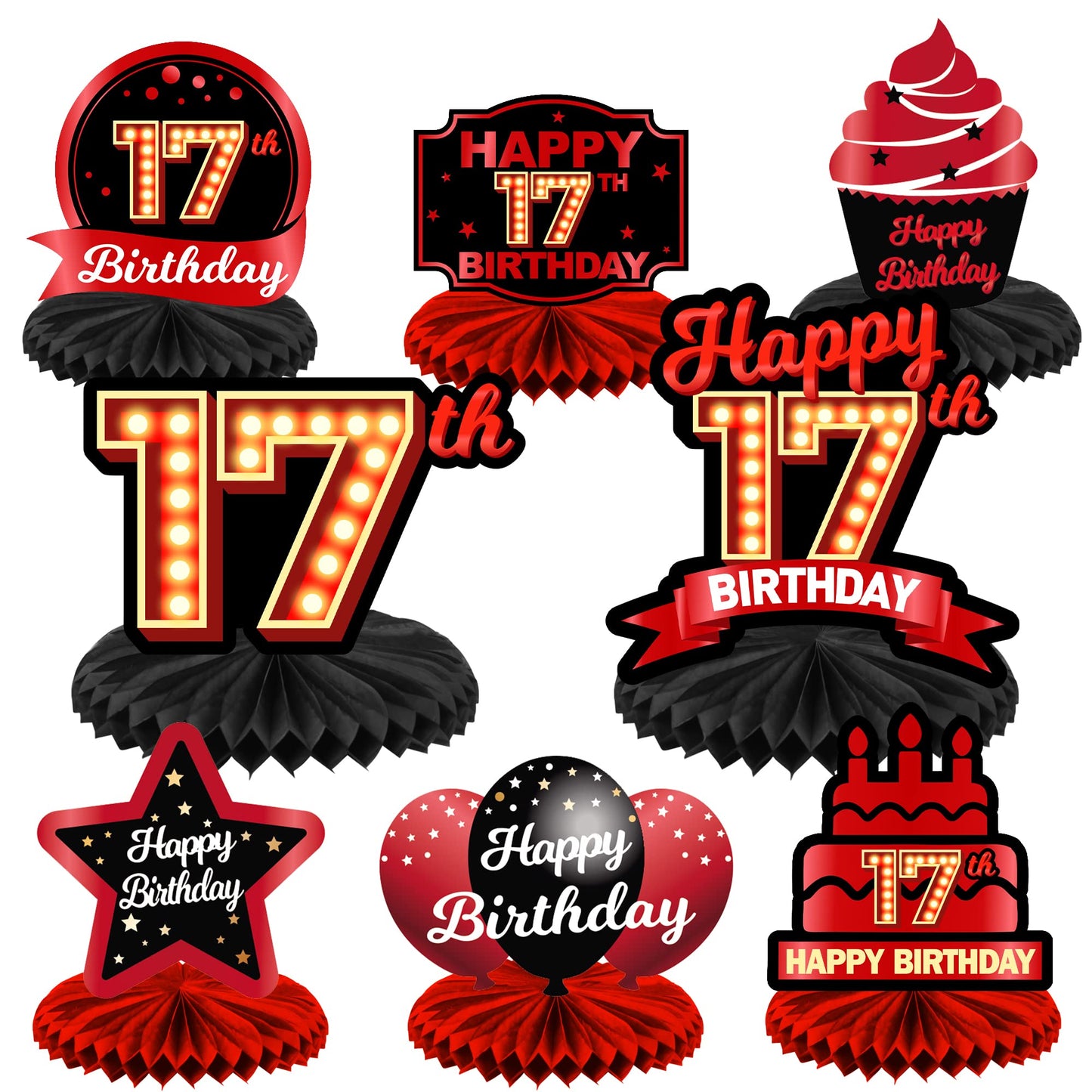 Happy 17th Birthday Red and Black Table Honeycomb Centerpieces Balloons Theme Decor Table Decorations Table Toppers for Girls Wo