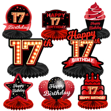 Happy 17th Birthday Red and Black Table Honeycomb Centerpieces Balloons Theme Decor Table Decorations Table Toppers for Girls Wo