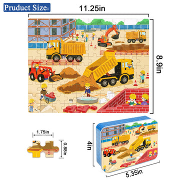 Lelemon 100 Pieces Jigsaw Puzzles In A Metal Box For Kids Age For 4-8 Boys Girls Toy Puzzles Construction Site Vehicles Children Learning Educational Puzzles Toys
