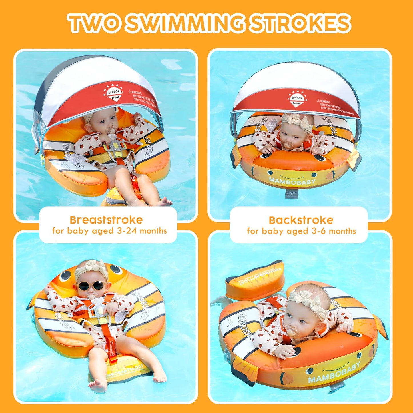 Mambobaby Baby Pool Float With Canopy, Non-Inflatable Infant Floats With Tail Solid Upgrade Soft Waterproof Skin-Friendly Mambo