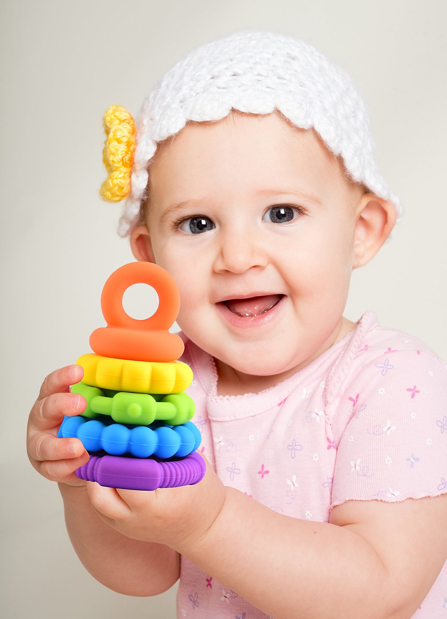 Stacking Baby Teether Toy - Sensory Silicone Teething Rings For Babies - Promote Motor Skills-Premium Food Grade Silicone Rainbo