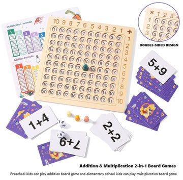 2 In 1 Multiplication Addition Math Board Game For Kids - Wooden Montessori Math Toys For Girls Boys 4 5 6 7 8 9 Years Old Wood Double Sided Board Table Dice Card Games For Family