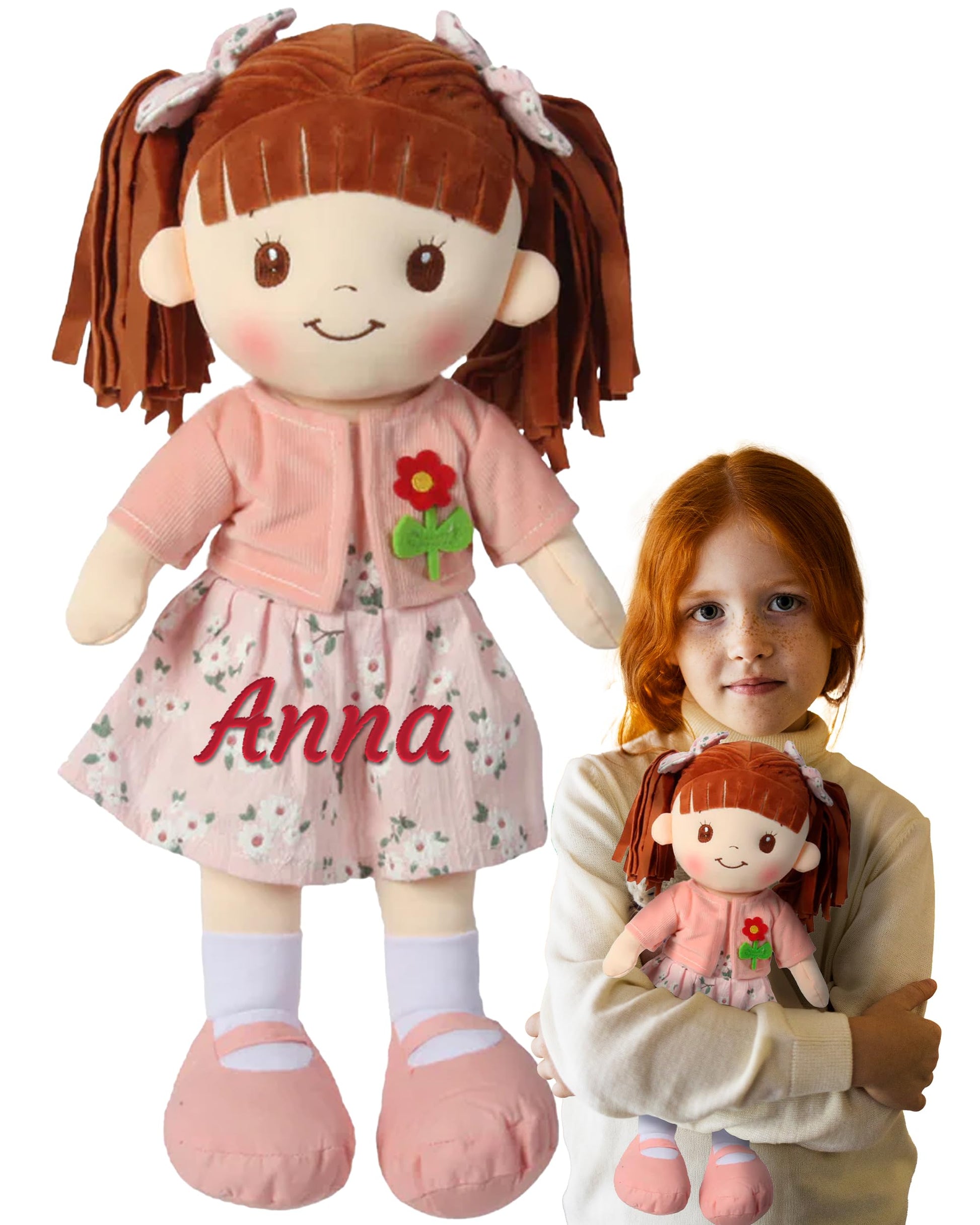 Personalized Rag Dolls for Girls - Custom 16 Inches Soft Plush Snuggle Baby Doll for Toddlers Stuffed Toys - Muecas de Trapo Personalizadas para Nias - Pink Floral Dress