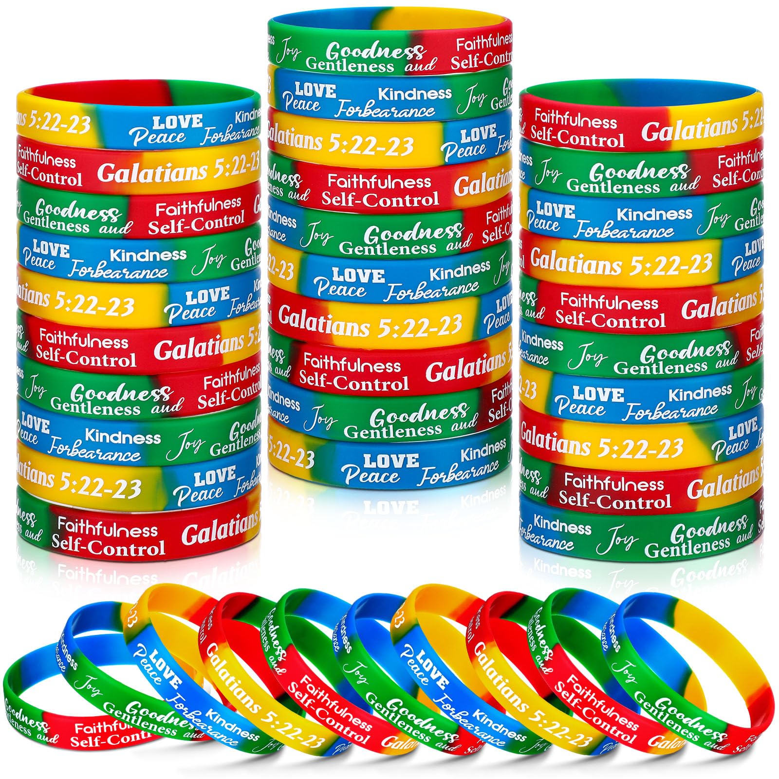 Huquary 48 Pcs Fruit of the Spirit Bracelet Inspirational Scripture Christian Silicone Bracelets Bulk Religious Motivational Lov