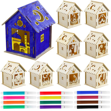Wenqik 9 Pcs Eid Mubarak Wooden House with 12 Watercolor Pens DIY Graffiti Crafts Ramadan Decorations Wooden Eid Houses for Kids