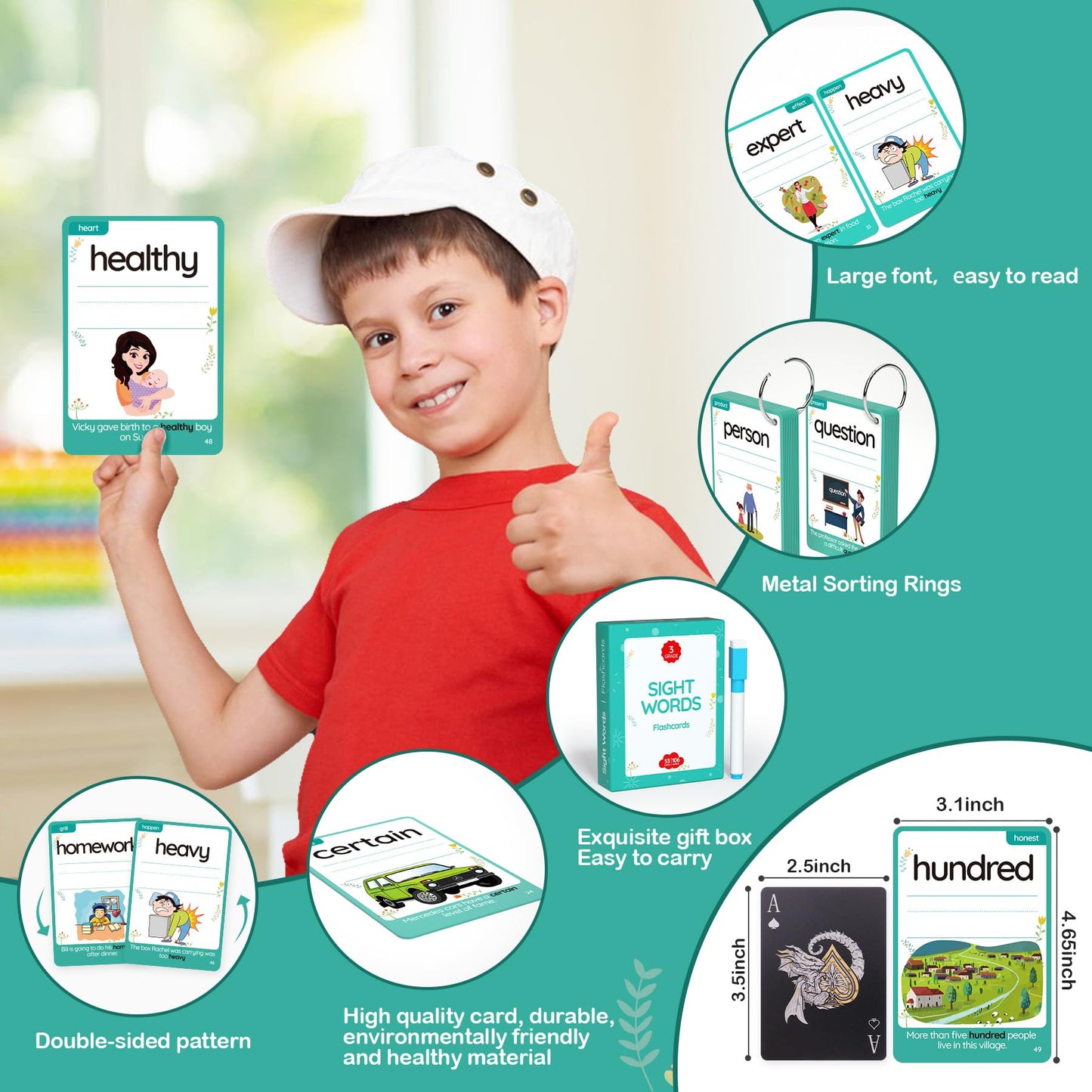 Wjpc 55Pcs Cards, 106Pictures High Frequency Sight Words Flash Cards 2Nd, 3Rd Grade (Third-Grade) For 7,8,9,10,11 Years Age Kids