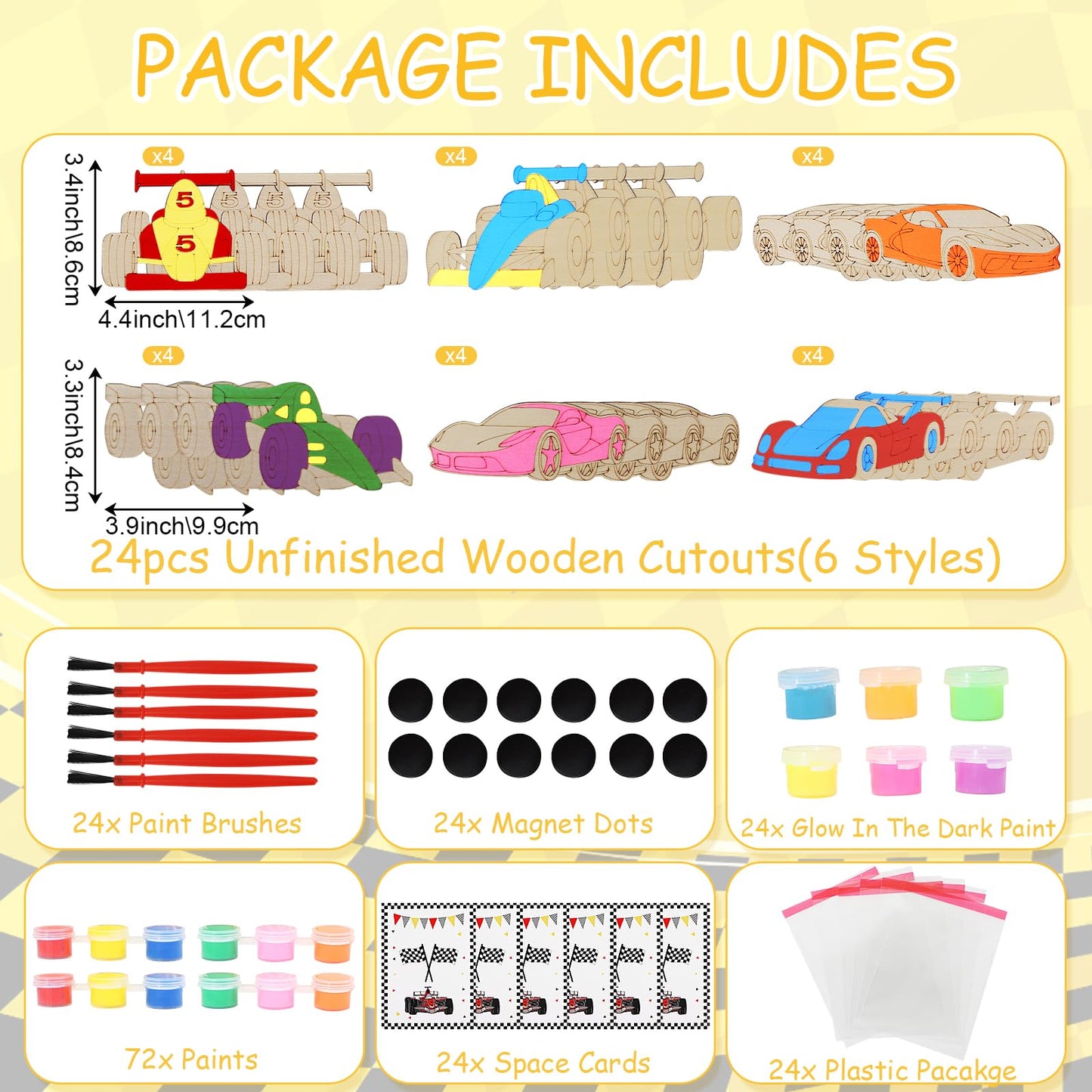 LARDUX Race Car Party Favors, 24PCS DIY Wooden Arts & Crafts Painting Kit for Kids, Glow in The Dark Party Favors Family Crafts
