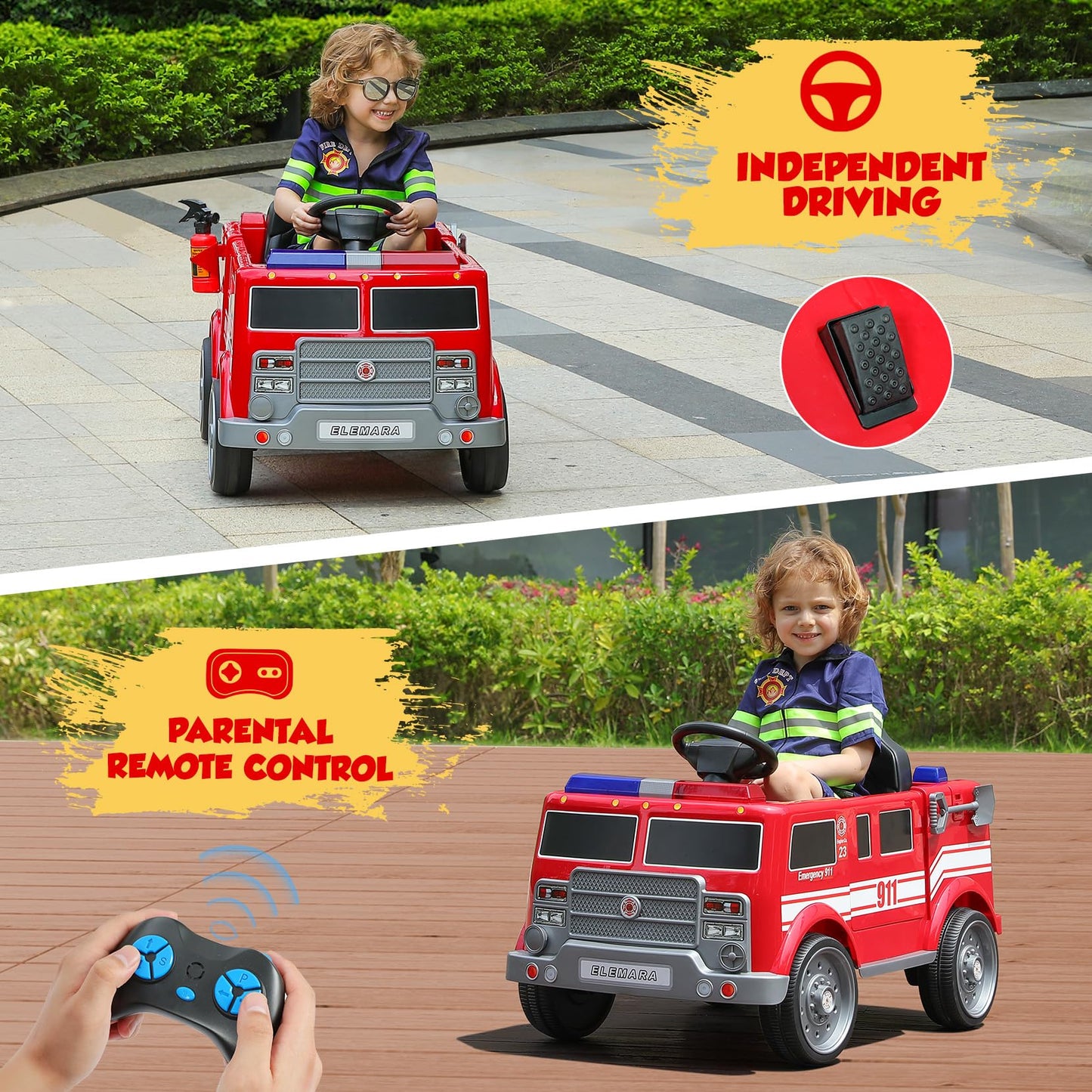 ELEMARA 12V Ride on Fire Truck, Battery Powered Toddler Electric Vehicle w/Parent Remote Control,Ride on Car for Kids,Siren-Call