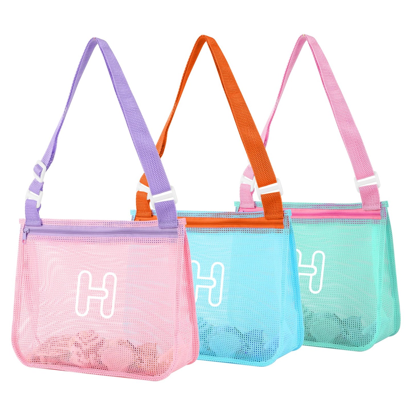 3Pcs Personalized Kids Beach Shell Bag, Initial Seashell Mesh Zipper Beach Pouch, Shell Collecting Bag for Holding Shells with A
