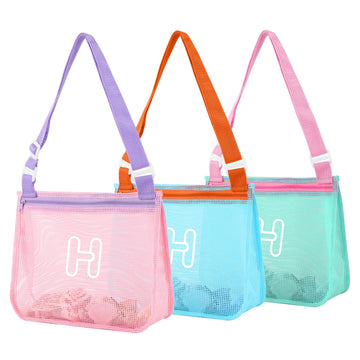 3Pcs Personalized Kids Beach Shell Bag, Initial Seashell Mesh Zipper Beach Pouch, Shell Collecting Bag for Holding Shells with A