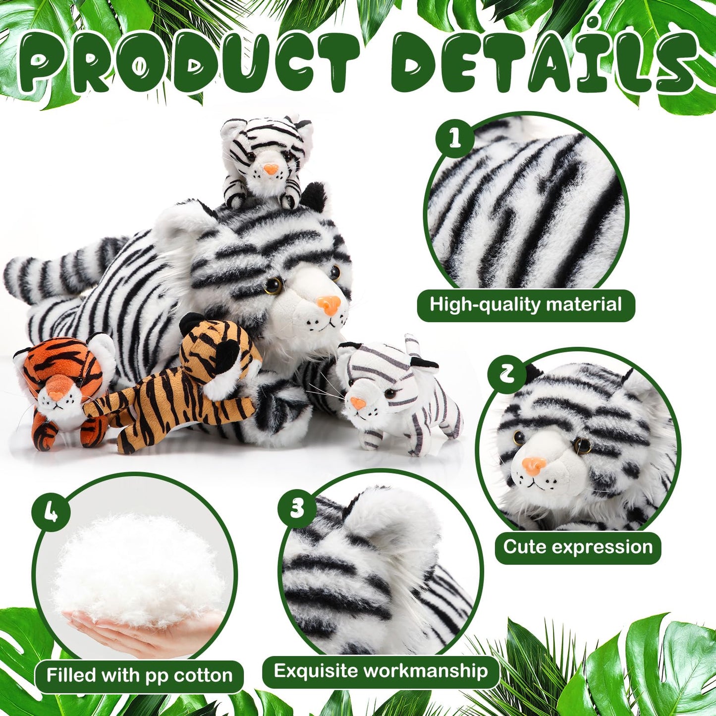 Threan 5 Pcs Tiger Stuffed Animals Plush Toy Set 16 Inch Stuffed Mommy Tiger With 4 Baby Cubs In Zippered Belly Cuddly Plushies For Kids Boys Girls Easter Forest Birthday Gifts Party Favor(Lovely)