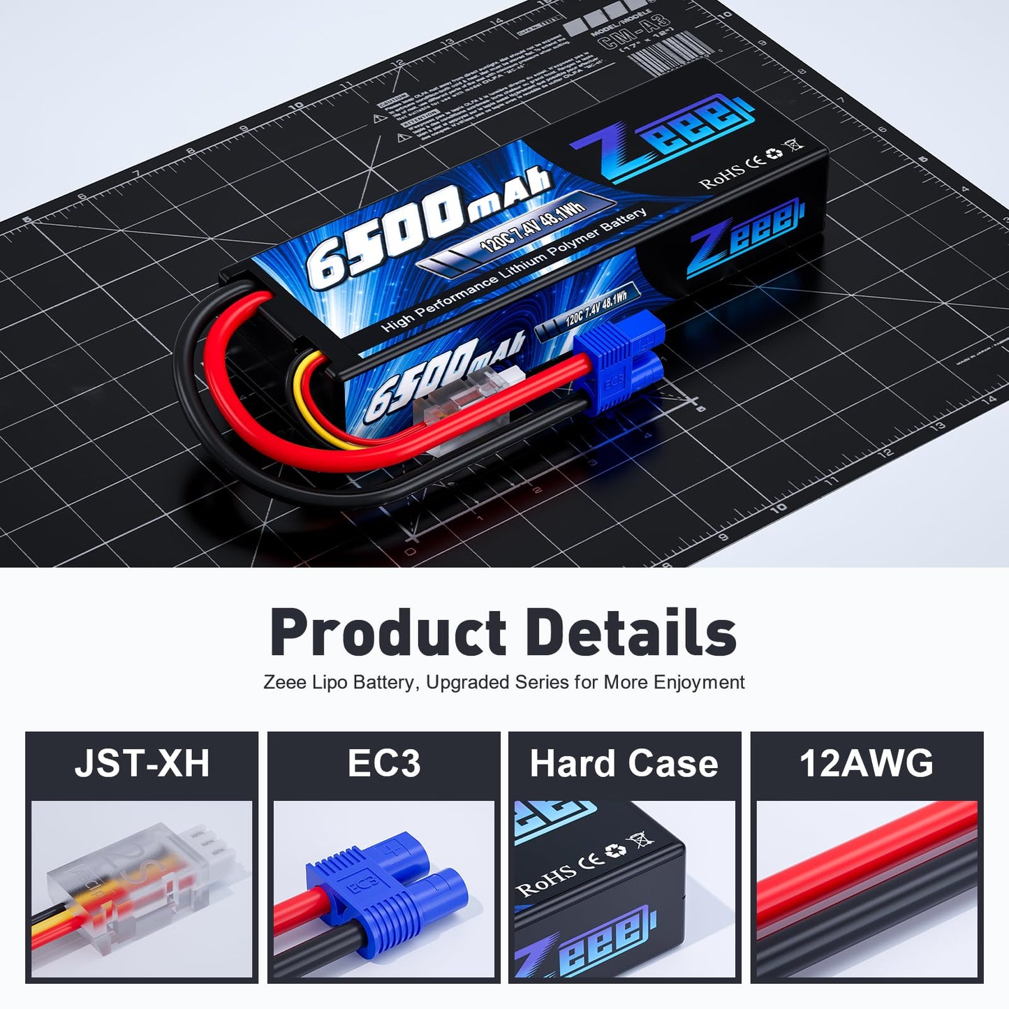 Zeee 2S Lipo Battery 6500mAh 120C 7.4V Hard Case Battery with EC3 Connector for RC Vehicles RC Car Truck Truggy 1/10 Scale Racin