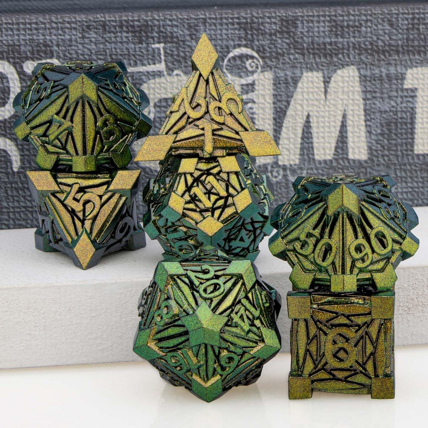 ORIFANTOU 7PCS Metal DND Dice Set Green Yellow D&D Dice with Box, Debris RPG D and D Dice Dungeons and Dragons Role Playing Game