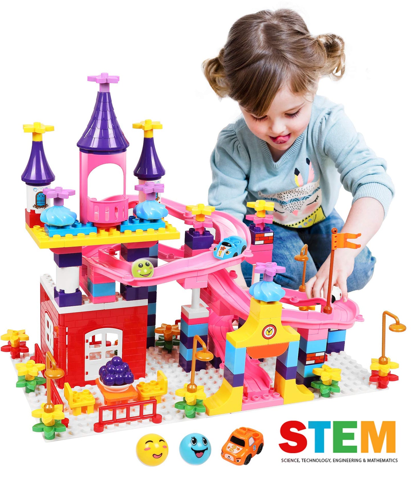 Marble Run Toy Building Sets, 161Pcs Castle Building Duplos For Age 2-5, Marbles Track Building Toys, Large Building Bricks Race Track Stem Educational Toys For Toddler Boy Girl Birthday Toys Gifts