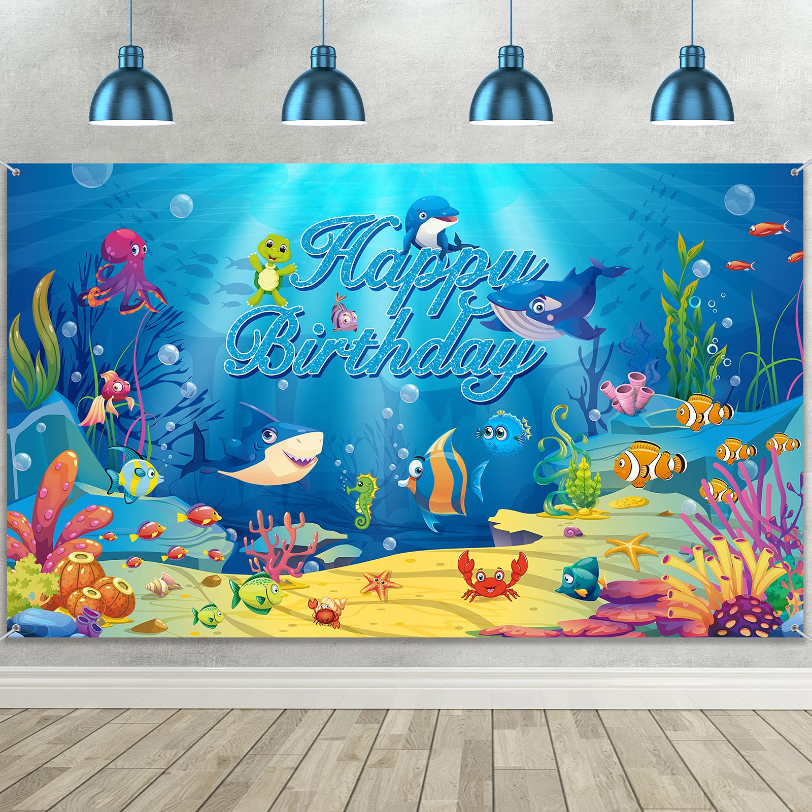 Under The Sea Birthday Banner Ocean Animal Party Decorations Birthday Photo Backdrop Background Dolphin Shark Underwater Decorat