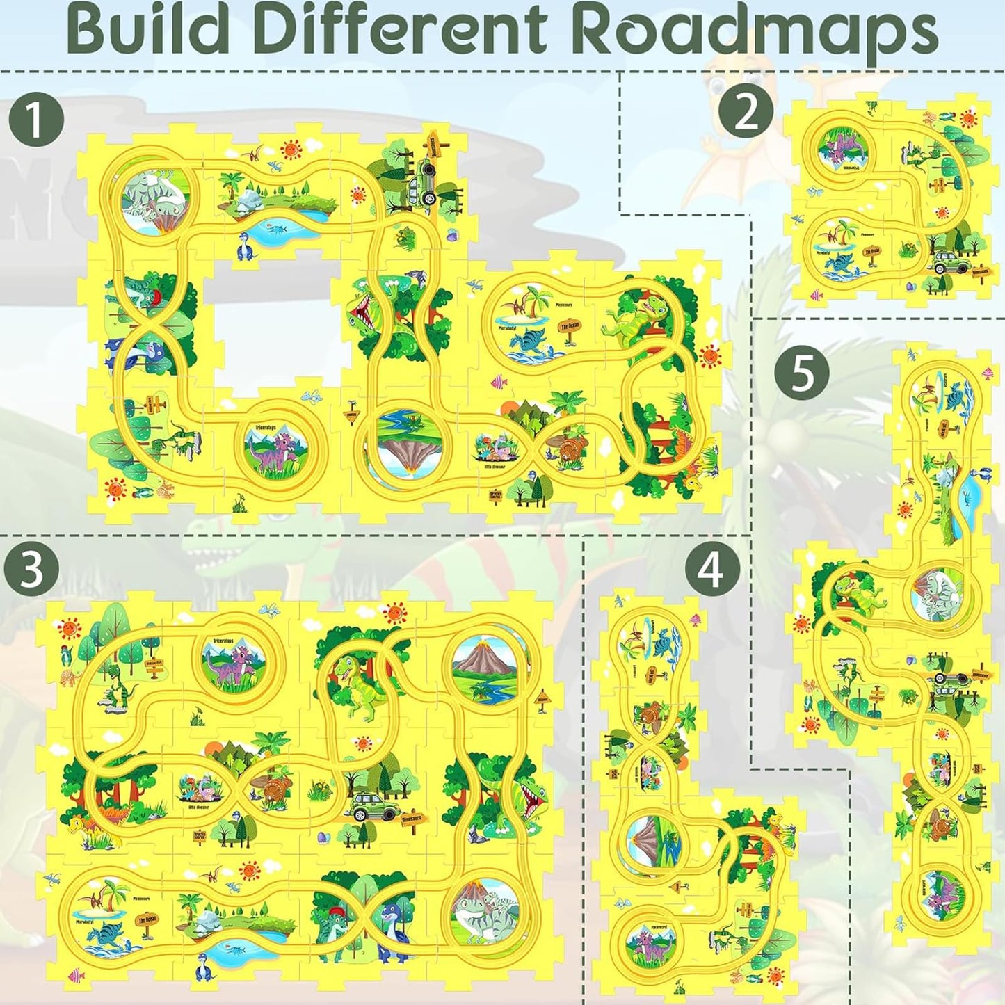 25Pcs Puzzle Racer Kids Car Track Set, Dinosaur Jigsaw Puzzle Racer Car Track Set Puzzle Track Car Play Set Preschool Gifts For