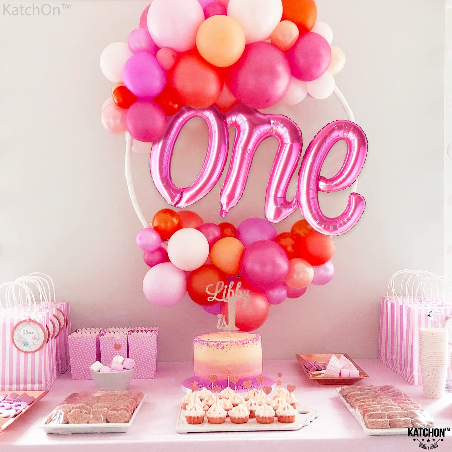 Katchon, Pink One Balloon For First Birthday - 20 Inch | Hot Pink 1 Balloon For First Birthday Decorations | Script One Balloons For 1St Birthday Decorations Girl | One Year Old Birthday Decorations