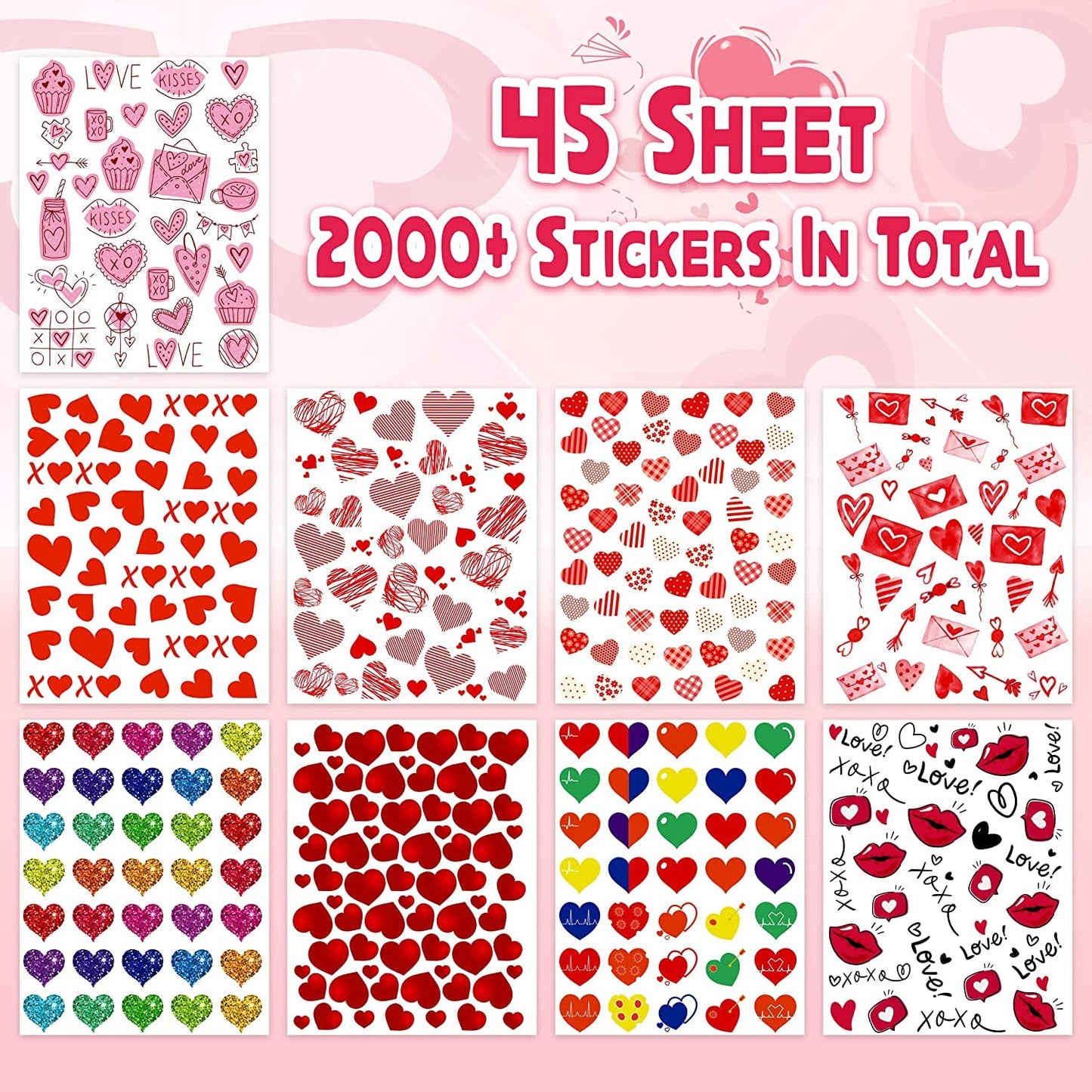 Linaye Valentines Heart Stickers For Kids - 2000Pcs Cute Valentines Day Stickers 45 Sheets Love Stickers For Cards Envelopes Cra