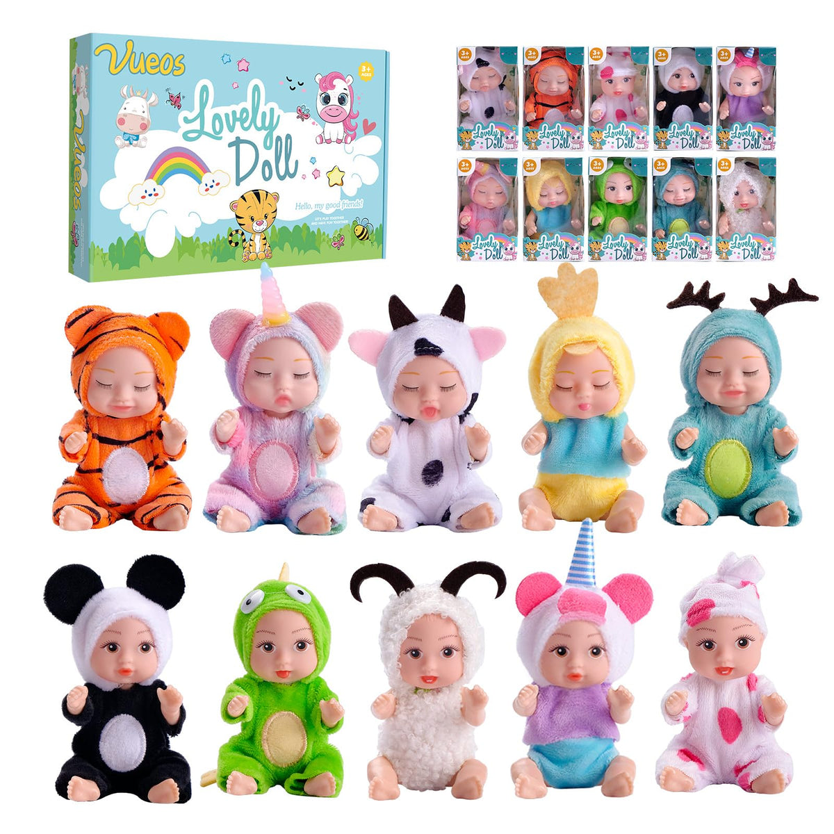 Vueos 10 Pcs 4 Inch Mini Baby Dolls Set with Different Faces and 10 Clothes