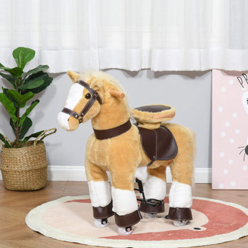 Qaba Ride-On Walking Rolling Kids Horse With Easy Rolling Wheels, Soft Huggable Body, & A Large Size For Kids 3-8 Years
