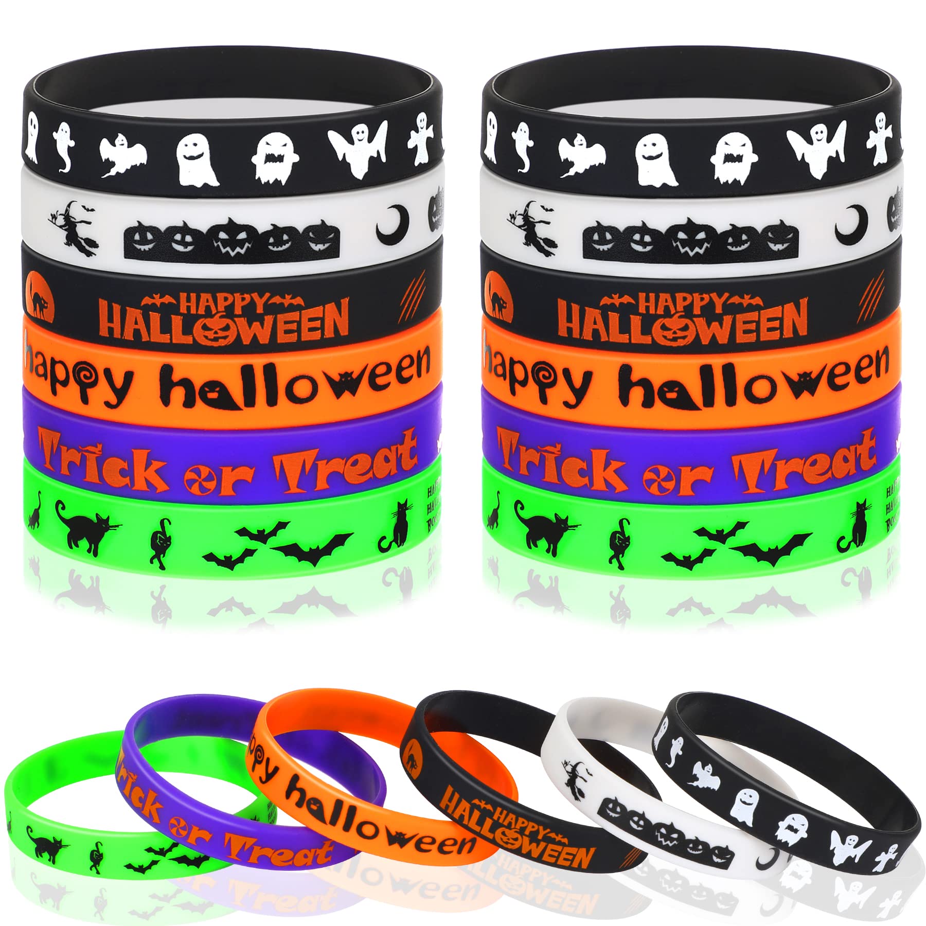 JUNEBRUSHS 24Pcs Halloween Silicone Bracelets Halloween Favors Supplies Rubber Wristbands for Kids Party Trick or Treat Goodie B