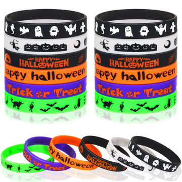 JUNEBRUSHS 24Pcs Halloween Silicone Bracelets Halloween Favors Supplies Rubber Wristbands for Kids Party Trick or Treat Goodie B