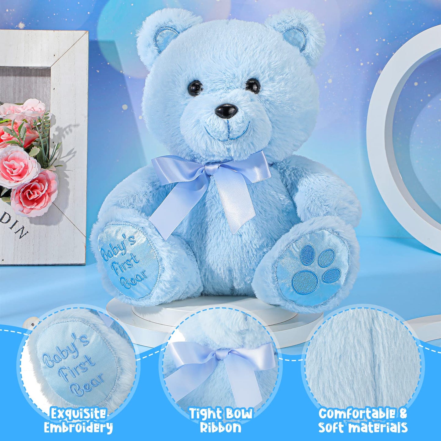 Chalyna 10 Inch Bear Stuffed Animal Gift First Bear Baby Shower Plush Toy For Wedding Birthday Easter Back To School Gift(Blue)