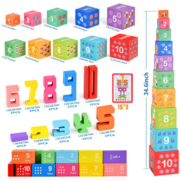 DICROON Wooden Number Building Blocks & Stacking Toys for Toddlers 3+ Years Old, Digital Building Blocks, 1-10 Digital Blocks To