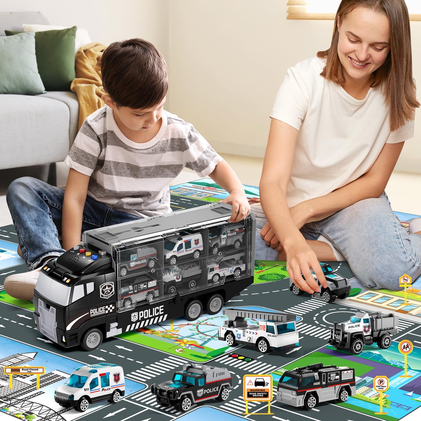Niplooow Toddler Boys Toys For 3 4 5 6 Years Old, Police Truck Vehicle Toy Set With Play Mat, Die-Cast Toy Car Carrier Truck For