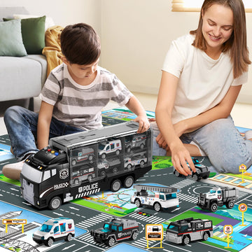 Niplooow Toddler Boys Toys For 3 4 5 6 Years Old, Police Truck Vehicle Toy Set With Play Mat, Die-Cast Toy Car Carrier Truck For