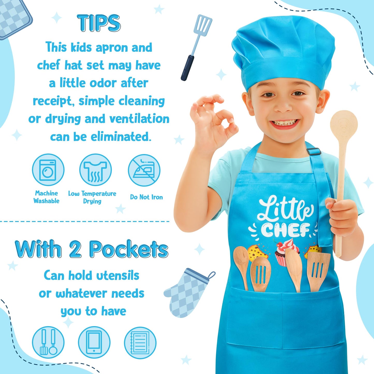 R HORSE 2 Pcs Kid Apron and Chef Hat Set, Adjustable Children Blue Kitchen Apron Cooking Baking Painting and Training Kits Dress