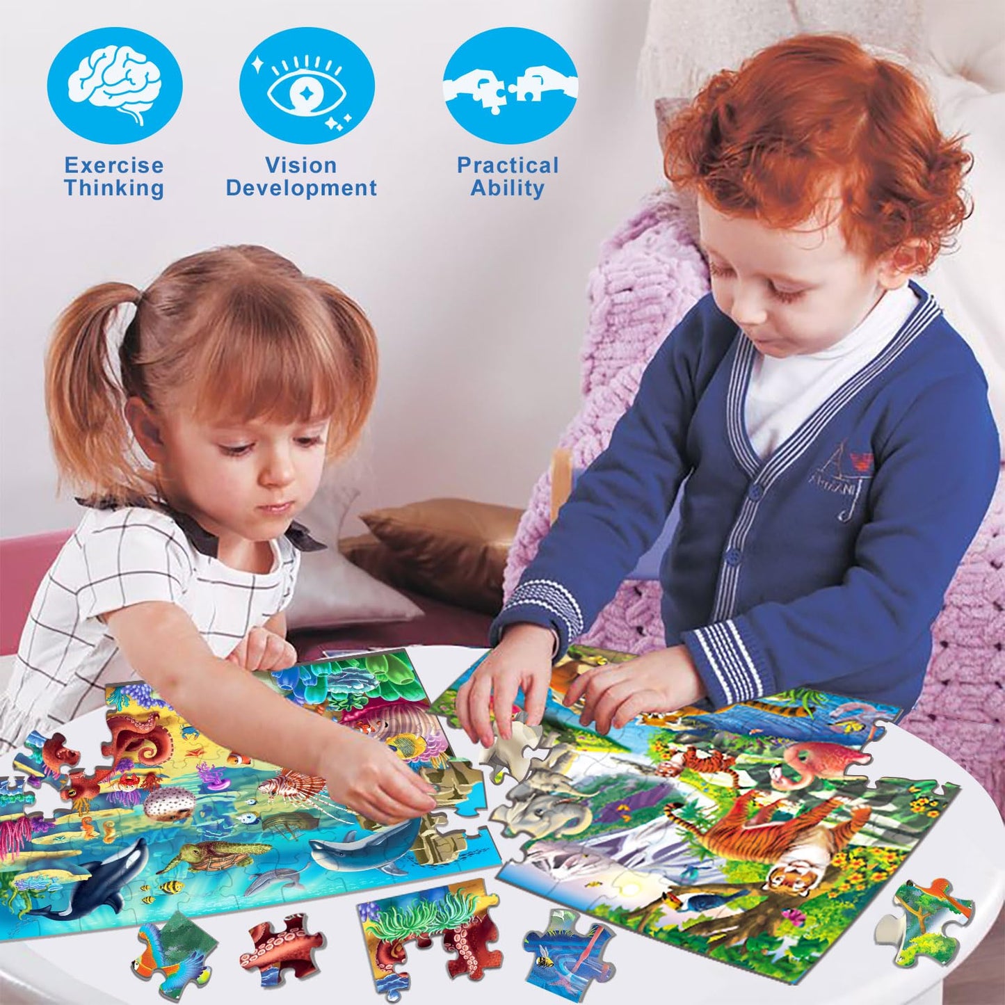 Puzzles For Kids Ages 4-6-8, 2 Packs 60 Pieces Floor Jigsaw Puzzle For Kids 6-8-10 Year Old, Wildlife & Ocean Animals Learning E