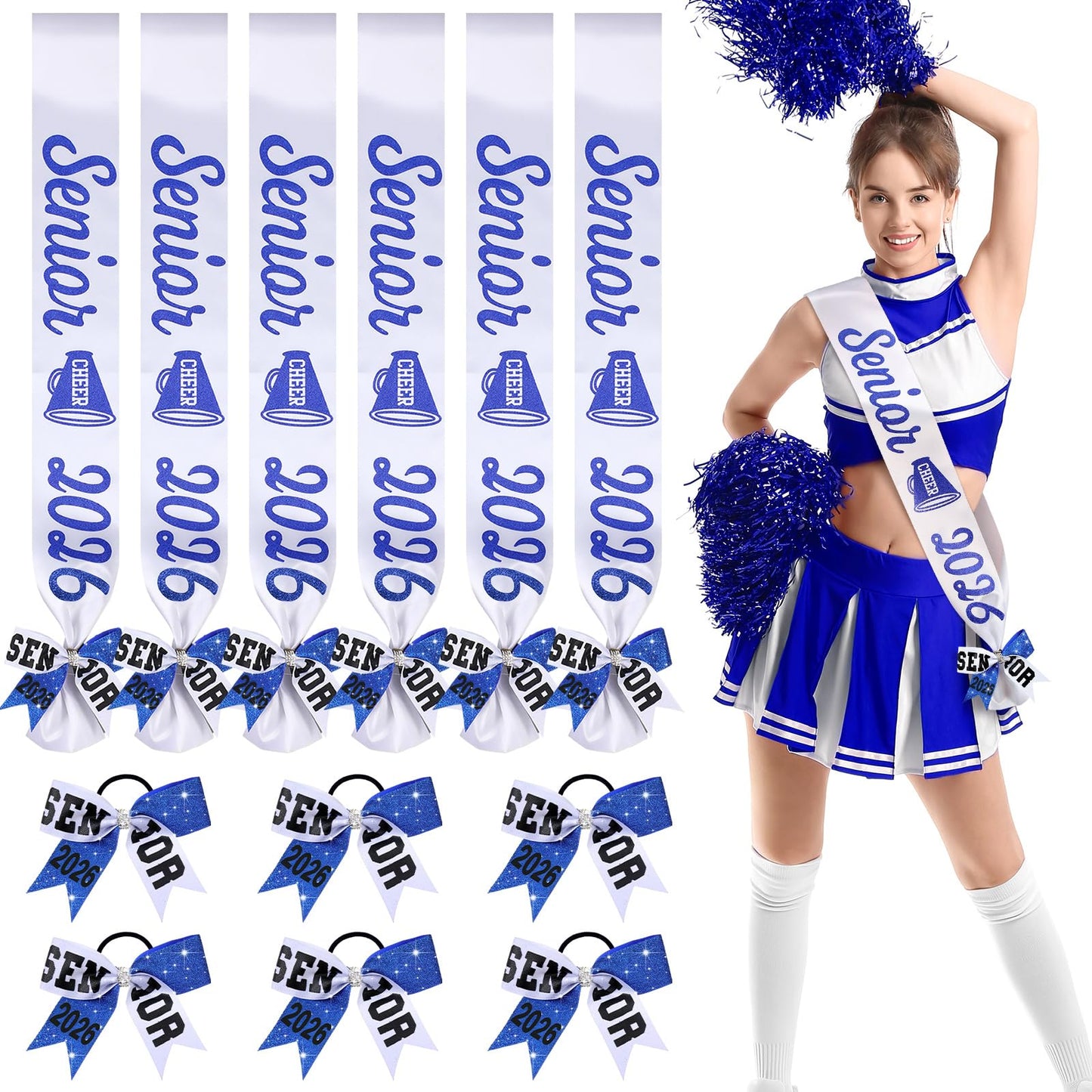 Vinsatin 6 Set Senior Sash 2026 Sport Satin Sash Glitter Cheer Hair Bow Senior Night Decor Cheerleader Gift Girl(Blue)