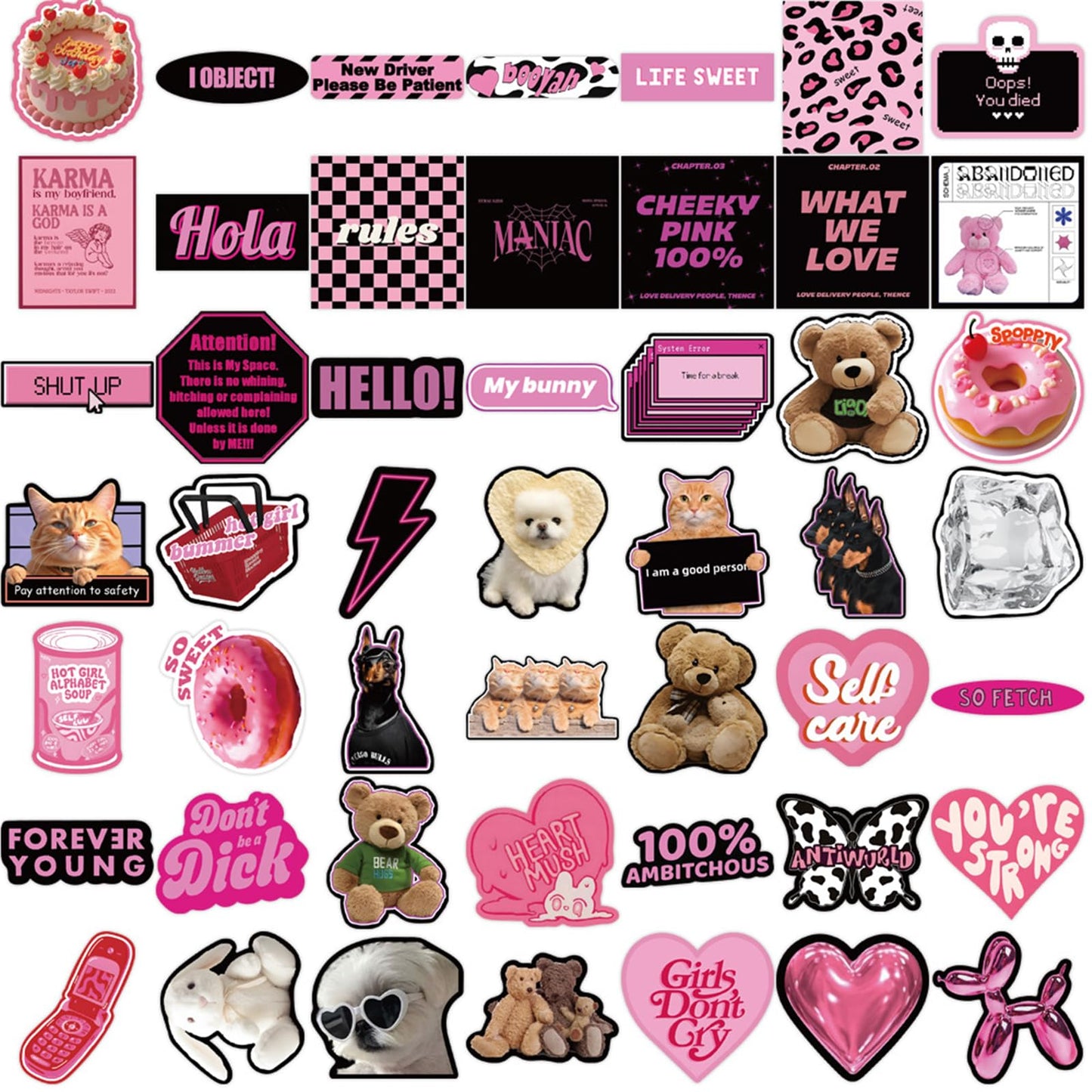 Cool But Cute Y2K Stickers (55 Pieces) - Kawaii, Black & Pink Themed, Waterproof | Stickers For Kids, Girls, Teens, Laptop, Wate