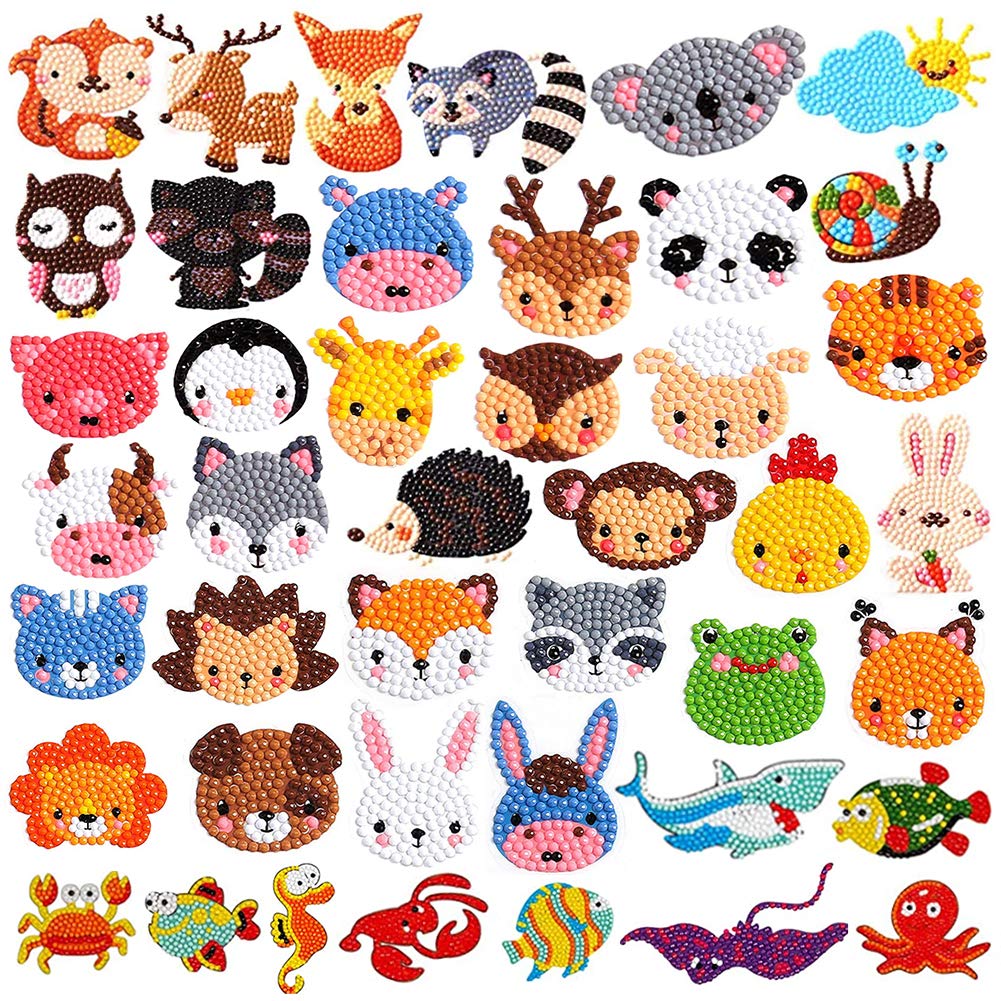 Labeol 42Pcs 5D Diamond Art Stickers Kits For Kids Boys And Girls Ages 6-8 10-12 Easy To Diy Creative Mosaic Sticker Craft By Numbers Kits For Kids And Adult Beginners (Animal)