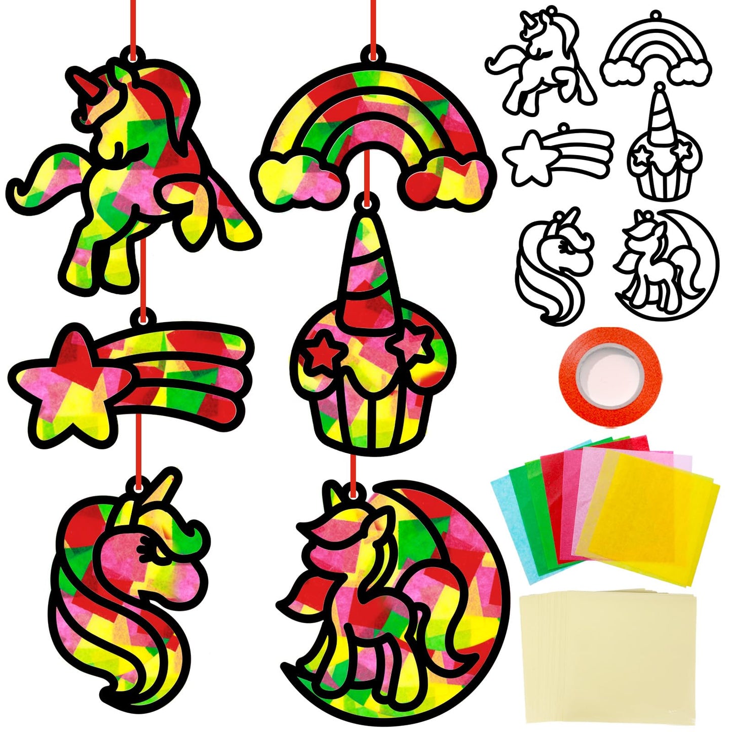 Qyeahkj 36 Set Unicorn Suncatchers Crafts for Kids DIY Unicorn Tissue Paper Crafts Window Stained Glass Effect Rainbow Hanging D