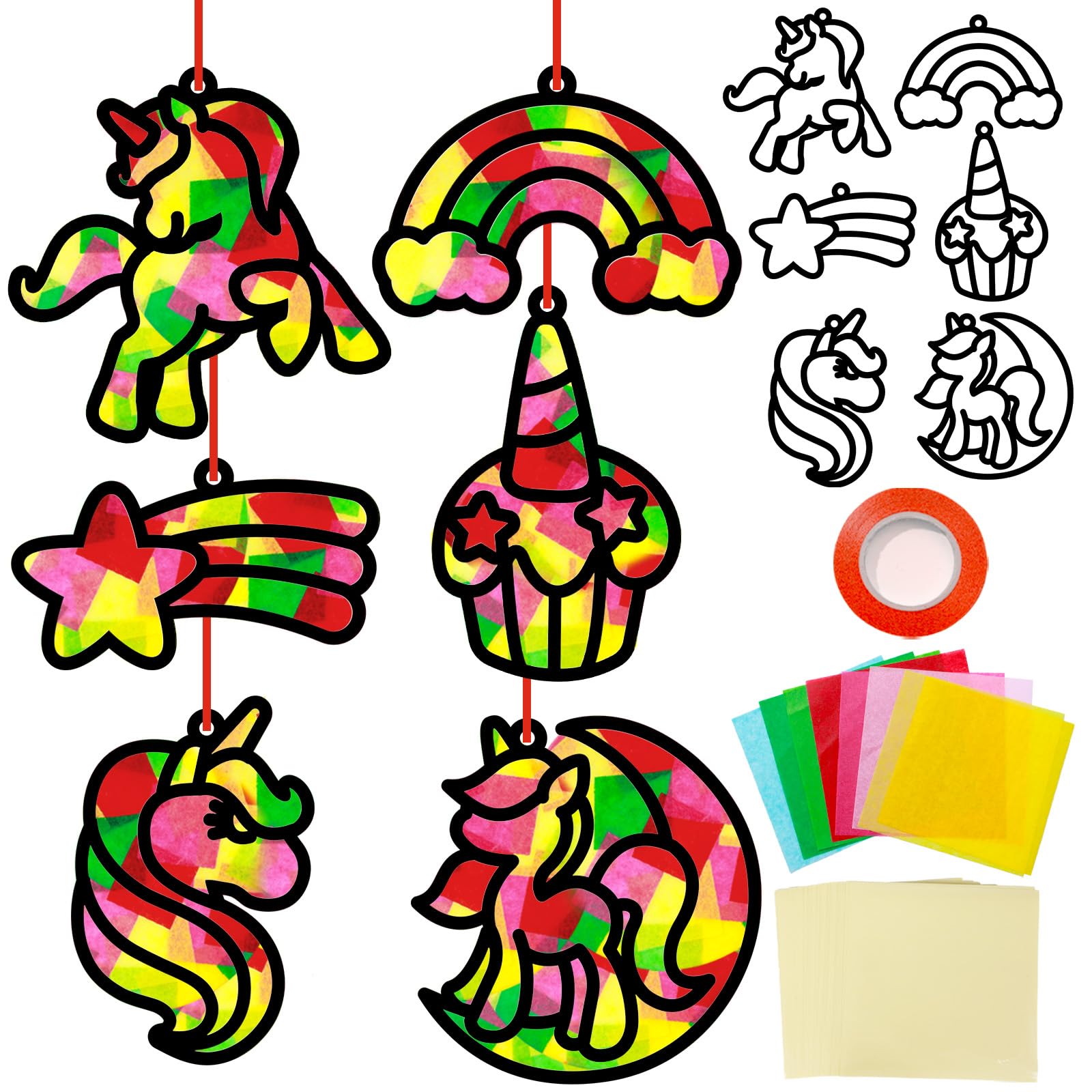 Qyeahkj 36 Set Unicorn Suncatchers Crafts for Kids DIY Unicorn Tissue Paper Crafts Window Stained Glass Effect Rainbow Hanging D