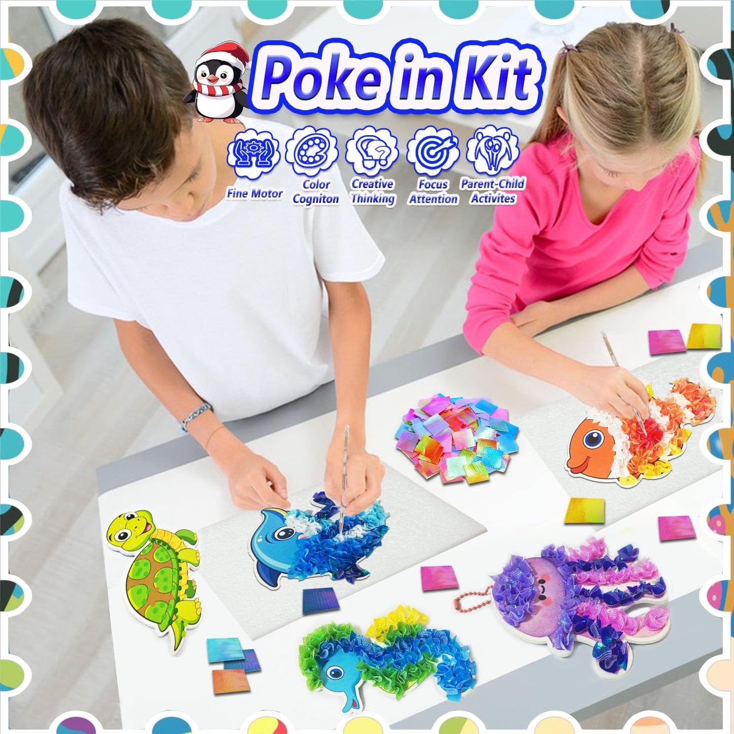 mom&myaboys Mess-Free Poke Art for Kids Ages 4-8 - Ocean Animals Craft Kit (8 Sea Creatures: Jellyfish, Dolphin, Turtle & More)