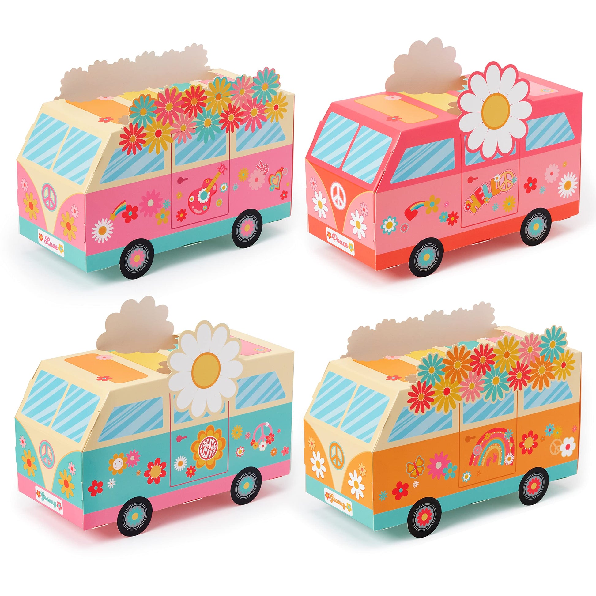 ANGOLIO 12Pcs Groovy Party Favor Boxes Groovy Hippie Peace Bus Centerpiece Birthday Party Decorations Peace Signs Daisies Rainbo
