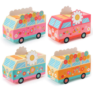 ANGOLIO 12Pcs Groovy Party Favor Boxes Groovy Hippie Peace Bus Centerpiece Birthday Party Decorations Peace Signs Daisies Rainbo