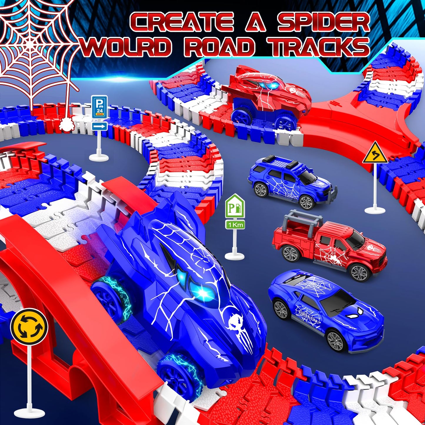 Desuccus Spider Toys Set for Boys 4-6, Flexible Train Tracks & 2 Spider Cars, Ages 3-8, Plastic Birthday Gift