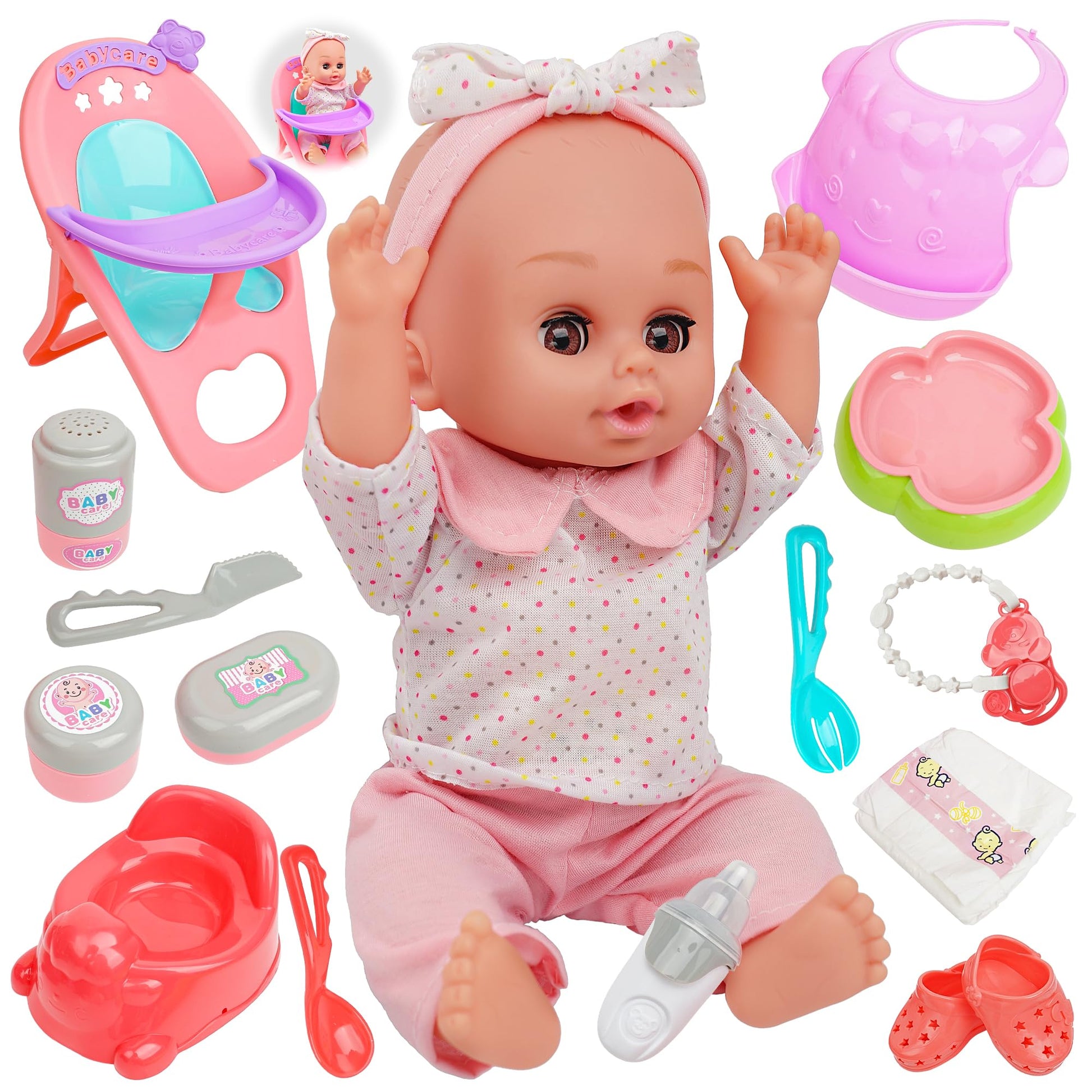 14'' Baby Doll, Dolls Play Set With Open/Close Eyes | 15 Piece Gift Set With Bottle, High Chair, Pacifier & Accessories | First