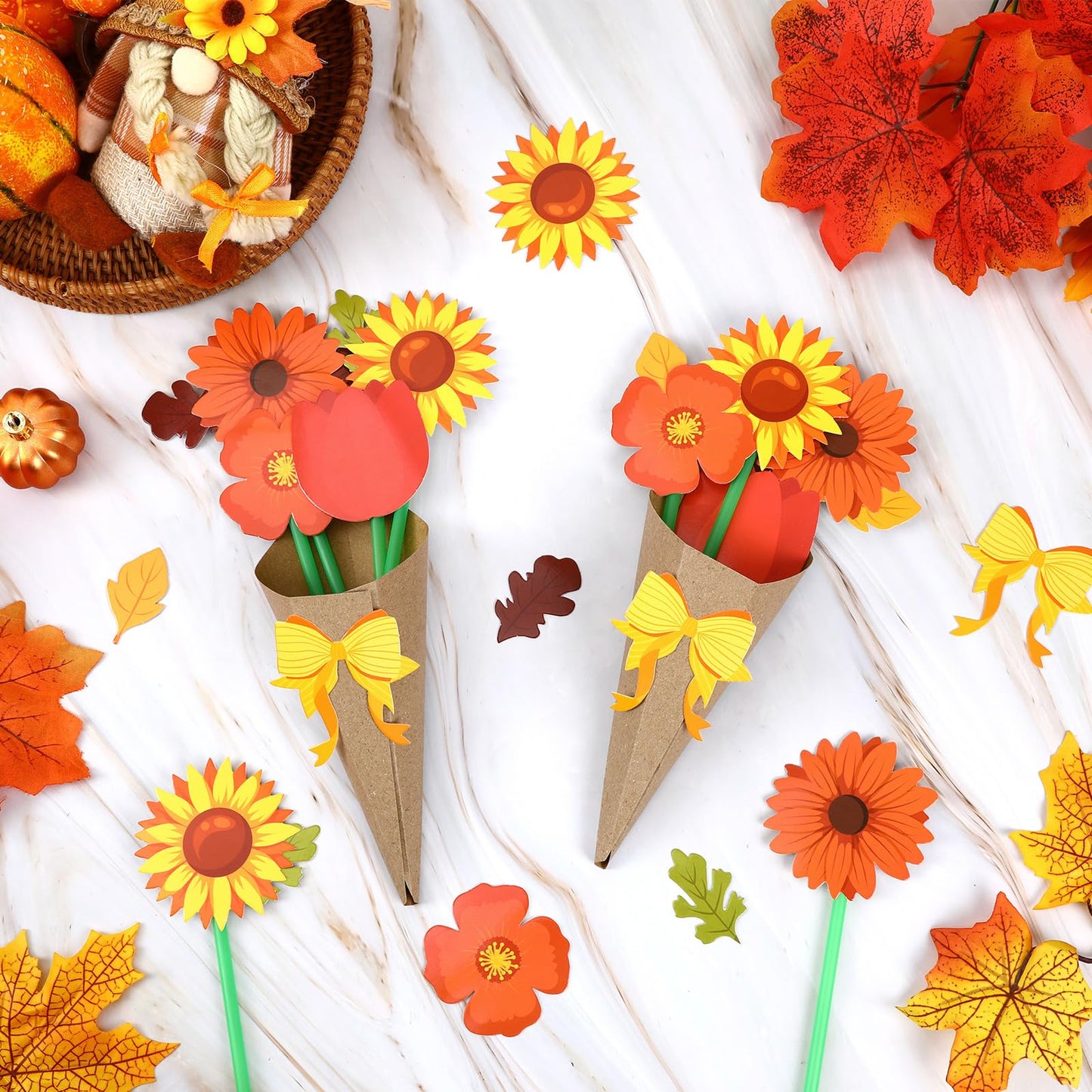 JULBEAR 25 Sets Fall Craft Kits, DIY Flower Bouquet Crafts with Kraft Paper Flower Cardstock Green Straws for Thanksgiving Craft